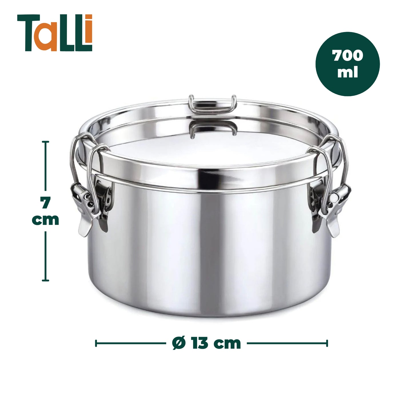 rvs lekvrije lunchbox met afmetingen en talli logo